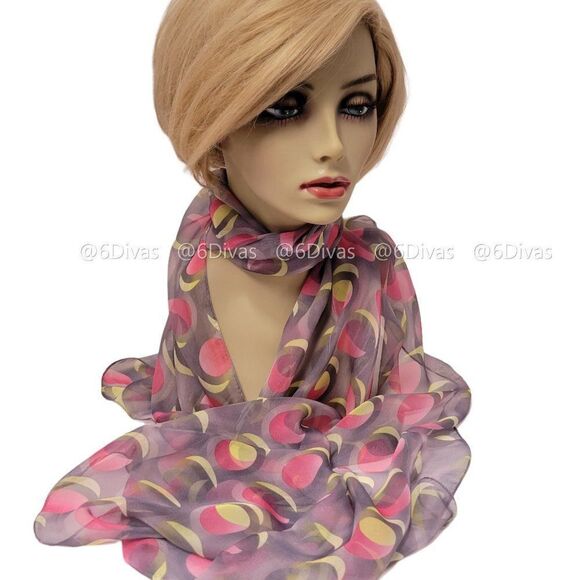 Soft Lightweight Grey Rectangular Scarf With Pink And Yellow Crescents - Picture 1 of 4